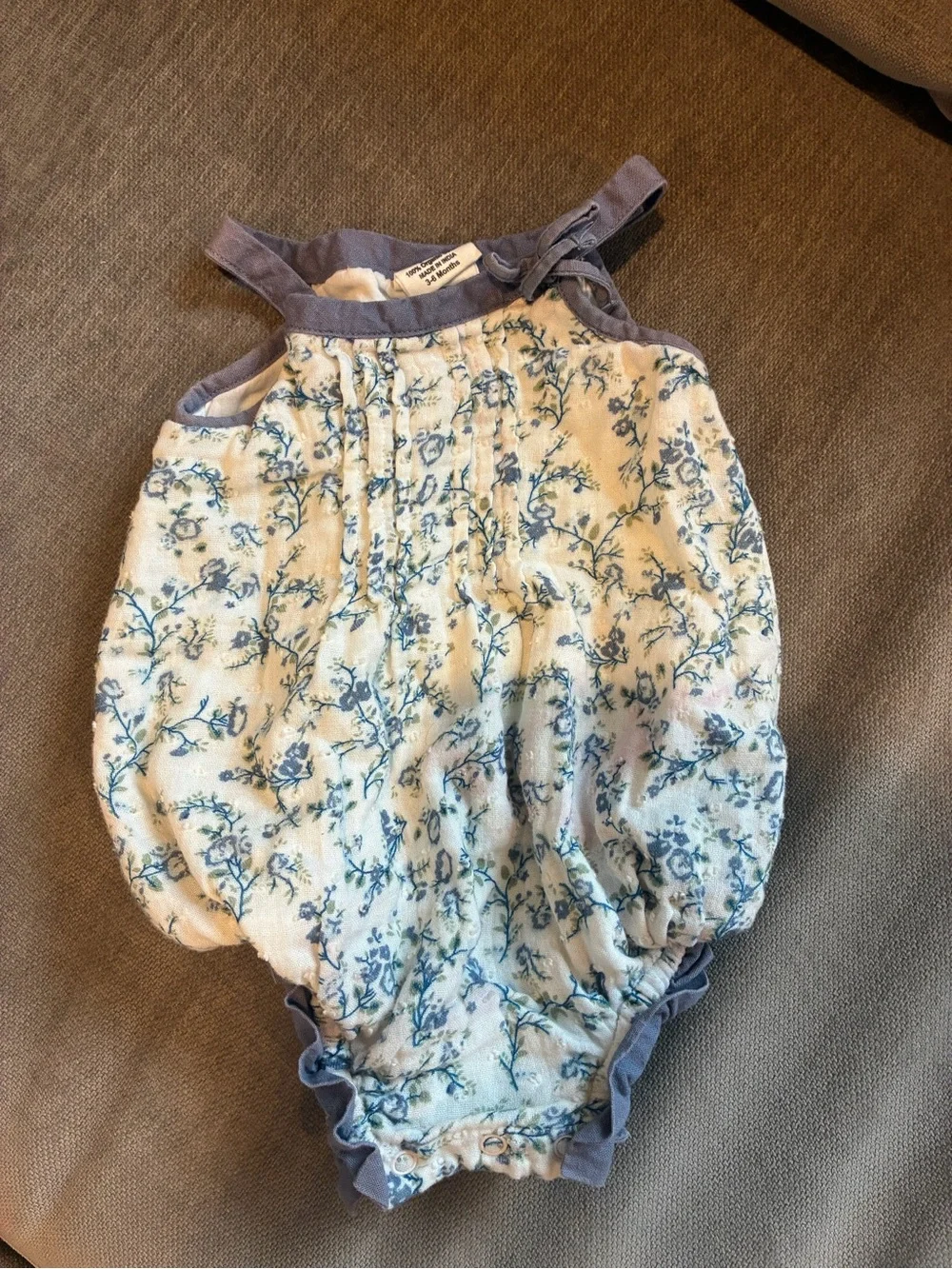 Cream and Blue Floral Baby Bubble Romper